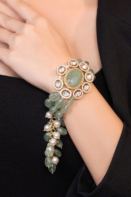 Buy_Xago_Gold Plated Pearls, Stones, Beads, Metallic Thread Moissanite Floral Bracelet _Online_at_Aza_Fashions