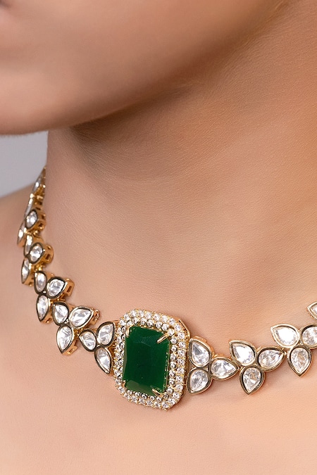 Xago_Gold Plated Stones, Diamonds Moissanite Vine Choker _Online_at_Aza_Fashions