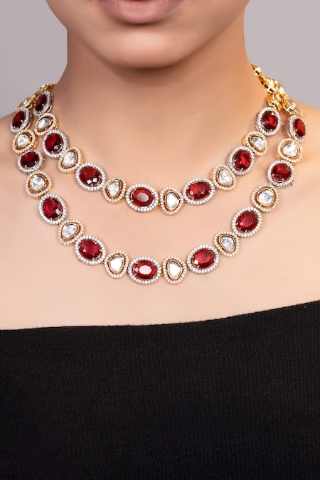 Xago Gold Moissanite & Red Stone Layered Necklace 