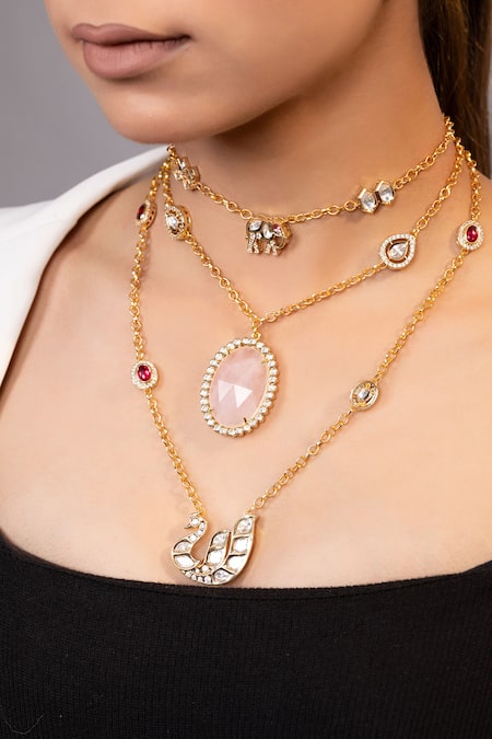 Xago_Gold Plated Moissanite Embellished Layered Necklace _Online_at_Aza_Fashions
