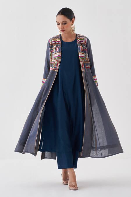 Vaaya Blue Silk, Chanderi Gota Patti, Zari Open Neck And Overlay Jacket Set Online at Aza Fashions Vaaya_Blue Silk, Chanderi Gota Patti, Zari Open Neck And Overlay Jacket Set_Online_at_Aza_Fashions