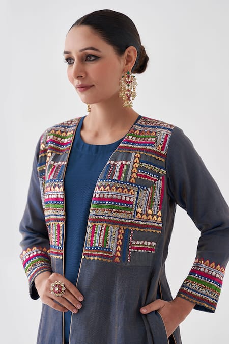 Buy Vaaya Blue Silk, Chanderi Gota Patti, Zari Open Neck And Overlay Jacket Set Online at Aza Fashions Buy_Vaaya_Blue Silk, Chanderi Gota Patti, Zari Open Neck And Overlay Jacket Set_Online_at_Aza_Fashions