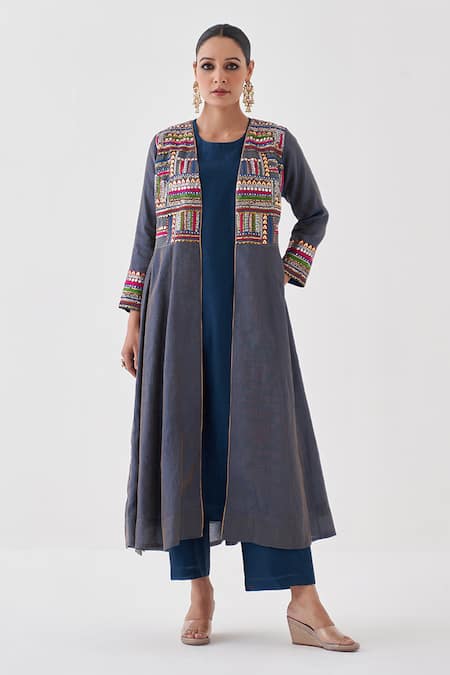 Shop Vaaya Blue Silk, Chanderi Gota Patti, Zari Open Neck And Overlay Jacket Set Online at Aza Fashions Shop_Vaaya_Blue Silk, Chanderi Gota Patti, Zari Open Neck And Overlay Jacket Set_Online_at_Aza_Fashions