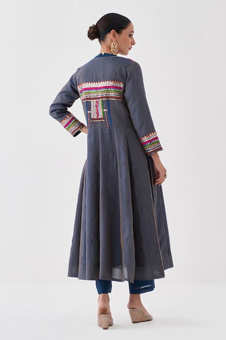 Shop Vaaya Blue Silk, Chanderi Gota Patti, Zari Open Neck And Overlay Jacket Set at Aza Fashions Shop_Vaaya_Blue Silk, Chanderi Gota Patti, Zari Open Neck And Overlay Jacket Set_at_Aza_Fashions