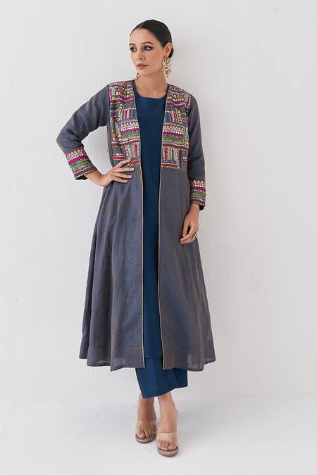 Buy Vaaya Blue Silk, Chanderi Gota Patti, Zari Open Neck And Overlay Jacket Set Buy_Vaaya_Blue Silk, Chanderi Gota Patti, Zari Open Neck And Overlay Jacket Set