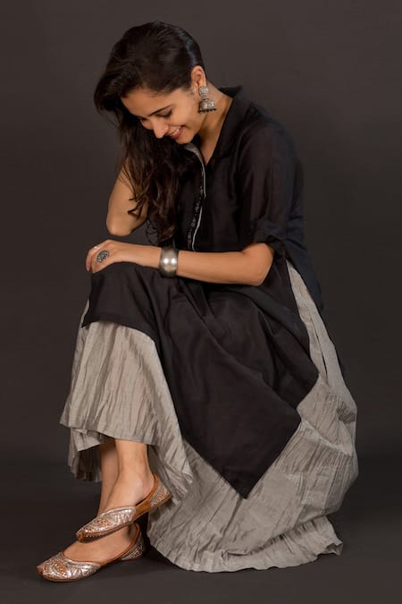 Vaaya Black Silk Chanderi Kurta & Kalidar Skirt Set 