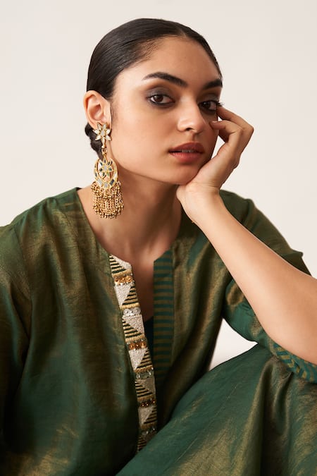 Vaaya_Green , Silk Split Striped Cuff Kurta And Kalidar Skirt Set _Online_at_Aza_Fashions