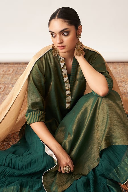Buy_Vaaya_Green , Silk Split Striped Cuff Kurta And Kalidar Skirt Set _Online_at_Aza_Fashions