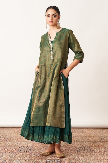 Shop_Vaaya_Green , Silk Split Striped Cuff Kurta And Kalidar Skirt Set _Online_at_Aza_Fashions