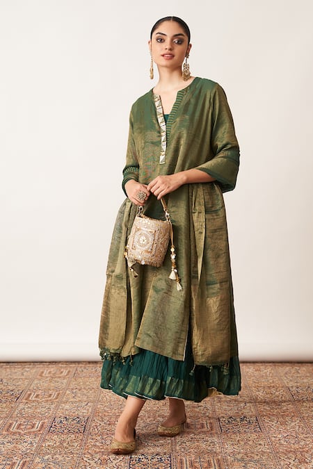 Vaaya_Green , Silk Split Striped Cuff Kurta And Kalidar Skirt Set _at_Aza_Fashions