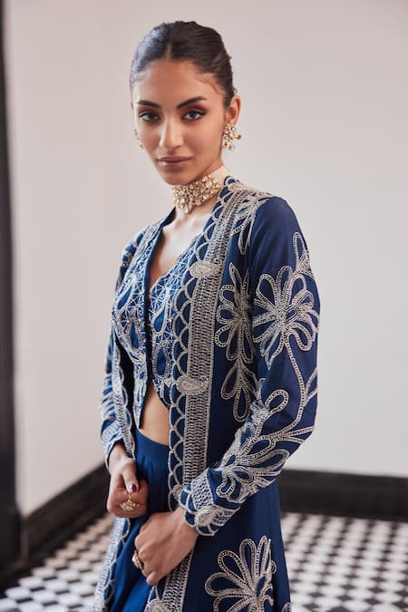 Buy_Charu And Vasundhara_Blue Taffeta, Silk, Organza Embroidery Open Paisley Jacket And Draped Skirt Set _Online_at_Aza_Fashions