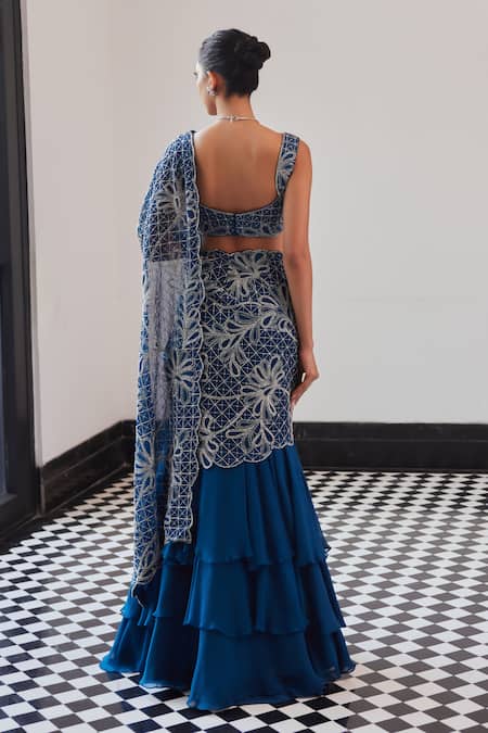 Charu And Vasundhara Blue Ruffle Tiered Lehenga Saree Set 