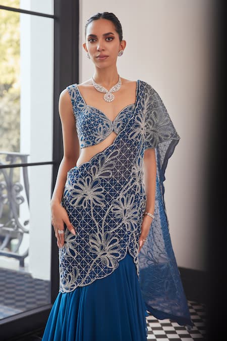 Charu And Vasundhara Blue Organza, Chiffon, Taffeta, Viscose Ruffle Tiered Lehenga Saree Set Online at Aza Fashions Charu And Vasundhara_Blue Organza, Chiffon, Taffeta, Viscose Ruffle Tiered Lehenga Saree Set _Online_at_Aza_Fashions