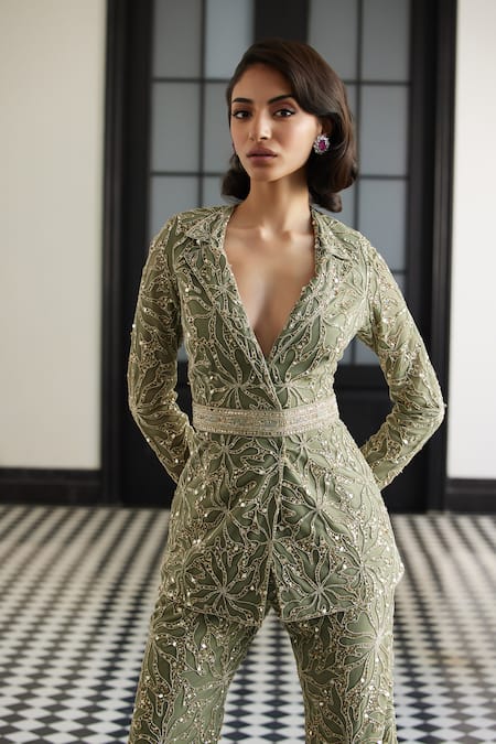 Charu And Vasundhara Green Taffeta, Net Sequins Fleur Embroidered Blazer Pant Set Online at Aza Fashions Charu And Vasundhara_Green Taffeta, Net Sequins Fleur Embroidered Blazer Pant Set _Online_at_Aza_Fashions