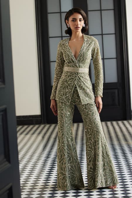 Buy Charu And Vasundhara Green Taffeta, Net Sequins Fleur Embroidered Blazer Pant Set Online at Aza Fashions Buy_Charu And Vasundhara_Green Taffeta, Net Sequins Fleur Embroidered Blazer Pant Set _Online_at_Aza_Fashions