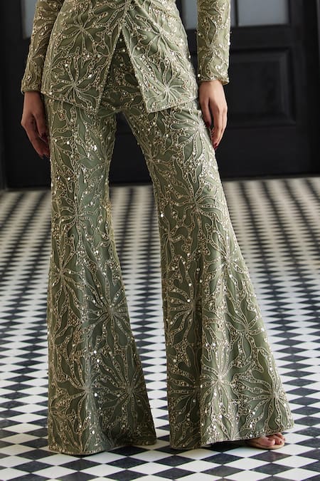 Shop Charu And Vasundhara Green Taffeta, Net Sequins Fleur Embroidered Blazer Pant Set Online at Aza Fashions Shop_Charu And Vasundhara_Green Taffeta, Net Sequins Fleur Embroidered Blazer Pant Set _Online_at_Aza_Fashions