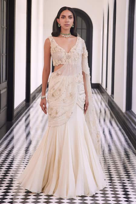 Charu And Vasundhara Ivory 3D Flora Embroidered Lehenga Saree 