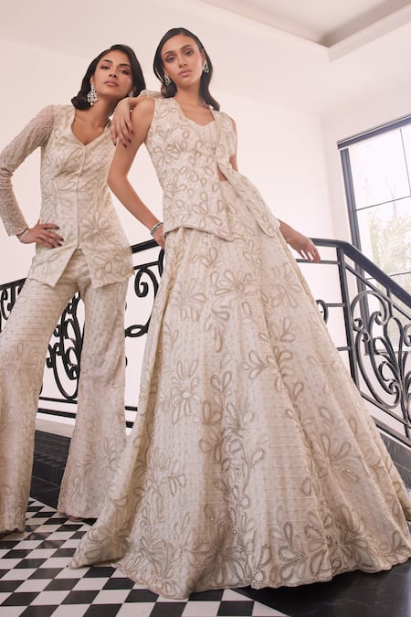 Buy_Charu And Vasundhara_Ivory Organza, Taffeta Embroidery Asymmetric 3d Flora Lehenga Saree _Online_at_Aza_Fashions