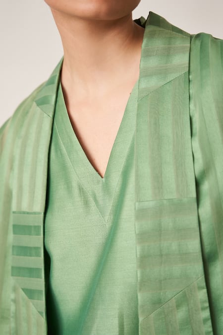 Vaaya Green Silk, Chanderi Collared Woven Striped Overlay Jacket And Pant Set Online at Aza Fashions Vaaya_Green Silk, Chanderi Collared Woven Striped Overlay Jacket And Pant Set _Online_at_Aza_Fashions