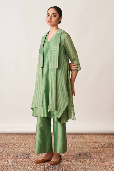Buy Vaaya Green Silk, Chanderi Collared Woven Striped Overlay Jacket And Pant Set Online at Aza Fashions Buy_Vaaya_Green Silk, Chanderi Collared Woven Striped Overlay Jacket And Pant Set _Online_at_Aza_Fashions