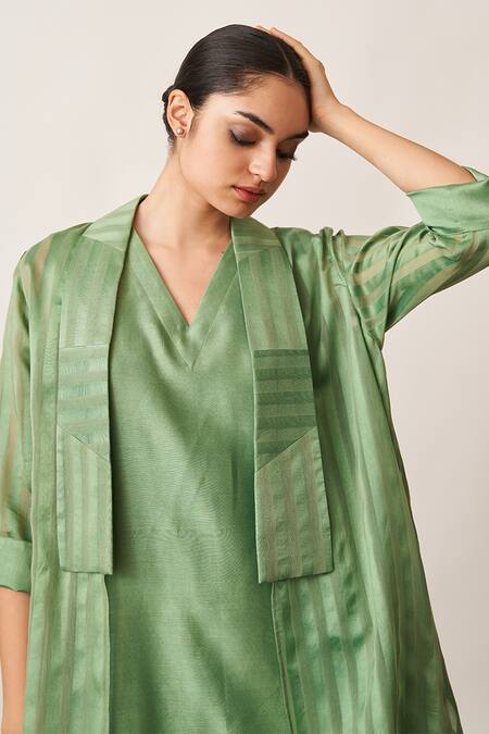 Vaaya Green Silk, Chanderi Collared Woven Striped Overlay Jacket And Pant Set at Aza Fashions Vaaya_Green Silk, Chanderi Collared Woven Striped Overlay Jacket And Pant Set _at_Aza_Fashions