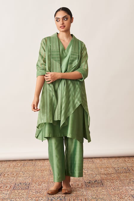 Buy Vaaya Green Silk, Chanderi Collared Woven Striped Overlay Jacket And Pant Set Buy_Vaaya_Green Silk, Chanderi Collared Woven Striped Overlay Jacket And Pant Set