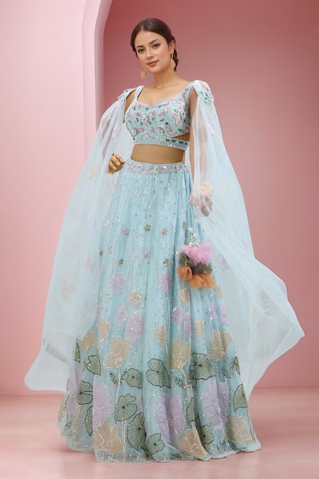 Samyukta Singhania Blue Net Embroidery Floral Sweetheart Neck Sequin Lehenga With Blouse 