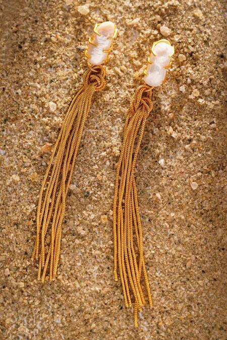 Shop Kastiya Jewels Gold Plated Pearls Fresh Water Danglers at Aza Fashions Shop_Kastiya Jewels_Gold Plated Pearls Fresh Water Danglers_at_Aza_Fashions