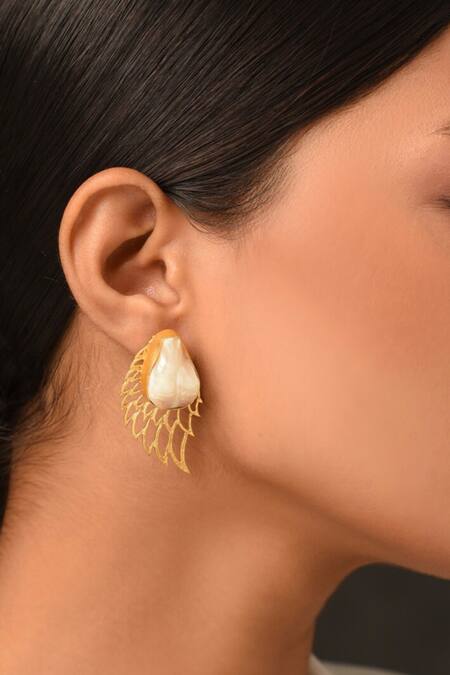 Kastiya Jewels Gold Plated Pearls Wing Shaped Stud Earrings Online at Aza Fashions Kastiya Jewels_Gold Plated Pearls Wing Shaped Stud Earrings_Online_at_Aza_Fashions