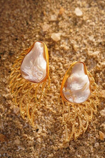 Shop Kastiya Jewels Gold Plated Pearls Wing Shaped Stud Earrings at Aza Fashions Shop_Kastiya Jewels_Gold Plated Pearls Wing Shaped Stud Earrings_at_Aza_Fashions