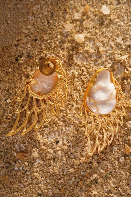 Buy Kastiya Jewels Gold Plated Pearls Wing Shaped Stud Earrings Online at Aza Fashions Buy_Kastiya Jewels_Gold Plated Pearls Wing Shaped Stud Earrings_Online_at_Aza_Fashions