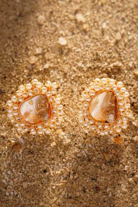 Shop Kastiya Jewels Gold Plated Pearls Embellished Stud Earrings at Aza Fashions Shop_Kastiya Jewels_Gold Plated Pearls Embellished Stud Earrings_at_Aza_Fashions