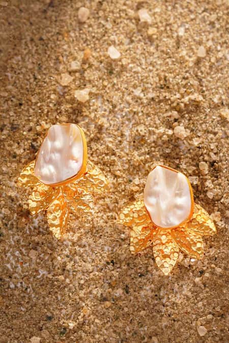 Shop_Kastiya Jewels_Gold Plated Pearls Floral Carved Stud Earrings _at_Aza_Fashions