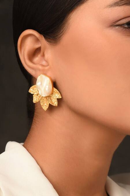 Kastiya Jewels_Gold Plated Pearls Floral Carved Stud Earrings _Online_at_Aza_Fashions