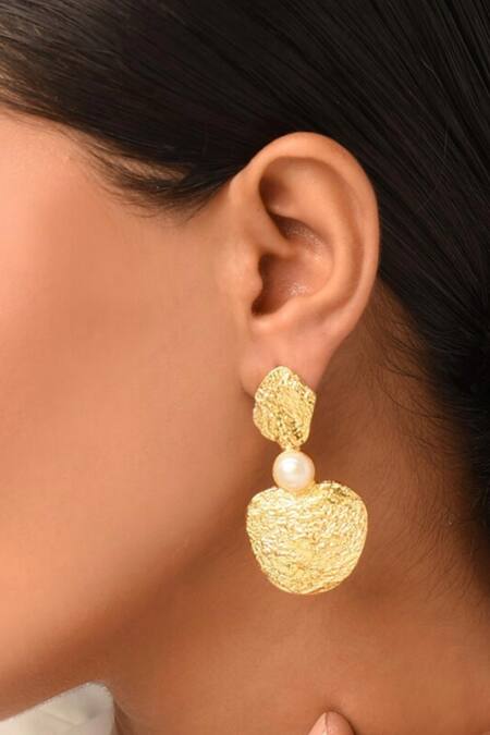 Kastiya Jewels_Gold Plated Pearls Geometric Carved Earrings_Online_at_Aza_Fashions