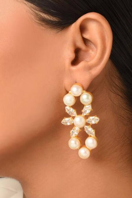 Kastiya Jewels Gold Plated Diamonds, Pearls Off White Danglers Online at Aza Fashions Kastiya Jewels_Gold Plated Diamonds, Pearls Off White Danglers_Online_at_Aza_Fashions