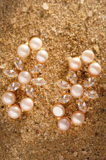 Shop Kastiya Jewels Gold Plated Diamonds, Pearls Off White Danglers at Aza Fashions Shop_Kastiya Jewels_Gold Plated Diamonds, Pearls Off White Danglers_at_Aza_Fashions