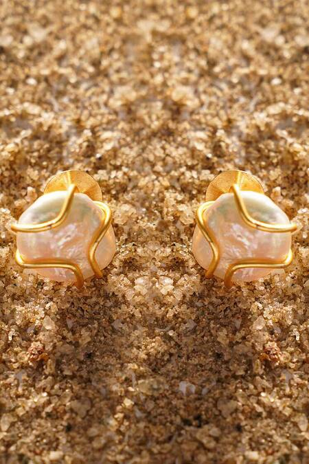 Shop Kastiya Jewels Gold Plated Pearls Baroque Stud Earrings at Aza Fashions Shop_Kastiya Jewels_Gold Plated Pearls Baroque Stud Earrings_at_Aza_Fashions