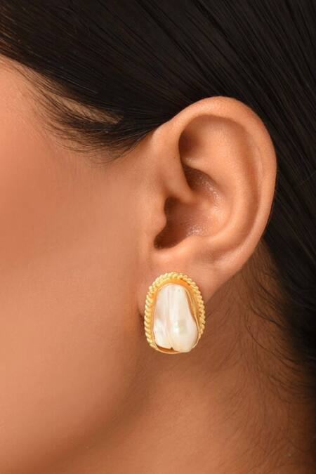 Kastiya Jewels_Gold Plated Pearls Off White Baroque Stud Earrings_Online_at_Aza_Fashions