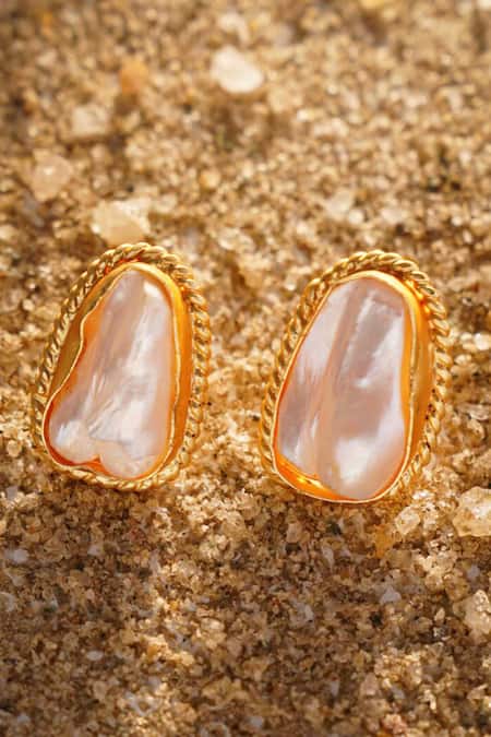 Shop_Kastiya Jewels_Gold Plated Pearls Off White Baroque Stud Earrings_at_Aza_Fashions