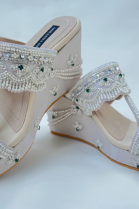 Shradha Hedau Footwear Couture_Gold Cut Work, Pearls, Sequins, Stones Cutdana Embroidered Kolhapuri Wedges _Online_at_Aza_Fashions