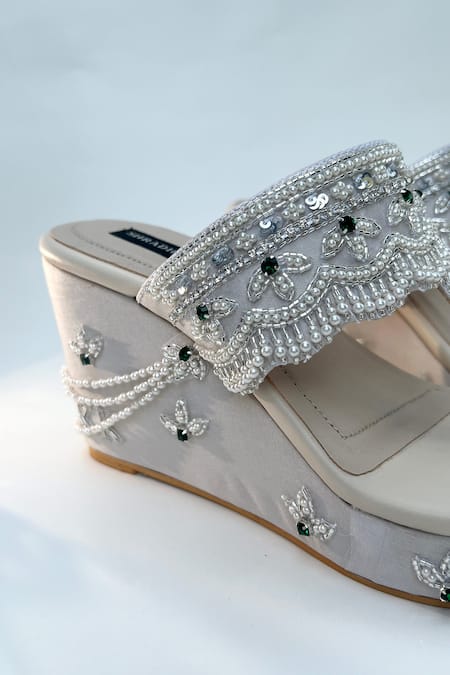 Shop_Shradha Hedau Footwear Couture_Gold Cut Work, Pearls, Sequins, Stones Cutdana Embroidered Kolhapuri Wedges _Online_at_Aza_Fashions