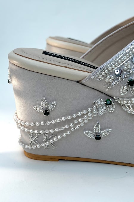 Shradha Hedau Footwear Couture_Gold Cut Work, Pearls, Sequins, Stones Cutdana Embroidered Kolhapuri Wedges _at_Aza_Fashions