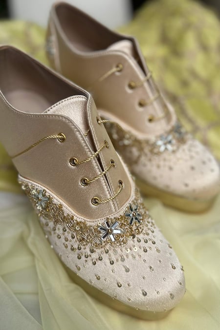 Shradha Hedau Footwear Couture_Gold Sequin Cutdana Embellished Sneaker Wedges _Online_at_Aza_Fashions