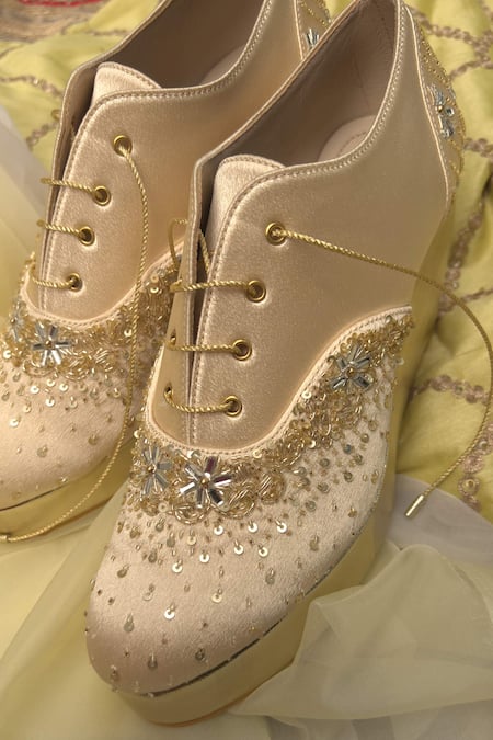 Shradha Hedau Footwear Couture_Gold Sequin Cutdana Embellished Sneaker Wedges _at_Aza_Fashions