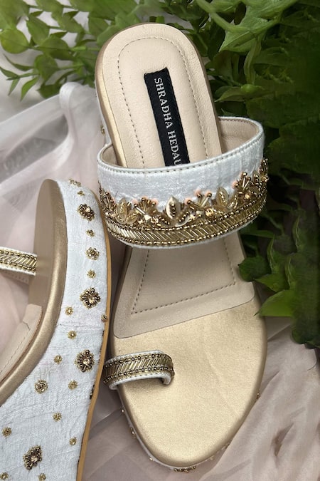 Buy_Shradha Hedau Footwear Couture_Gold Cut Work, Sequins, Stones Vine Embroidered Kolhapuri Wedges _Online_at_Aza_Fashions