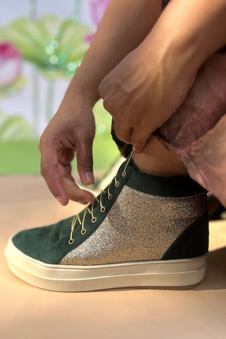Shradha Hedau Footwear Couture_Green Bottle Glitter Panel Sneakers _Online_at_Aza_Fashions