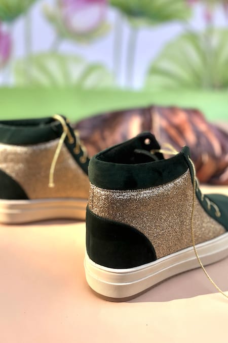 Buy_Shradha Hedau Footwear Couture_Green Bottle Glitter Panel Sneakers _Online_at_Aza_Fashions