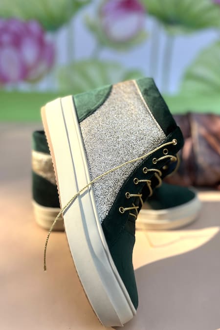 Shop_Shradha Hedau Footwear Couture_Green Bottle Glitter Panel Sneakers _Online_at_Aza_Fashions