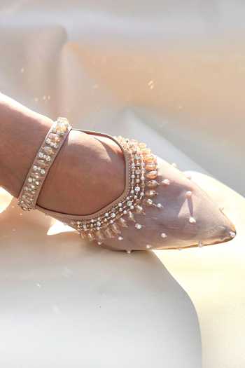 Shradha Hedau Footwear Couture_Peach Crystals, Pearls, Stones Embellished Heels _Online_at_Aza_Fashions